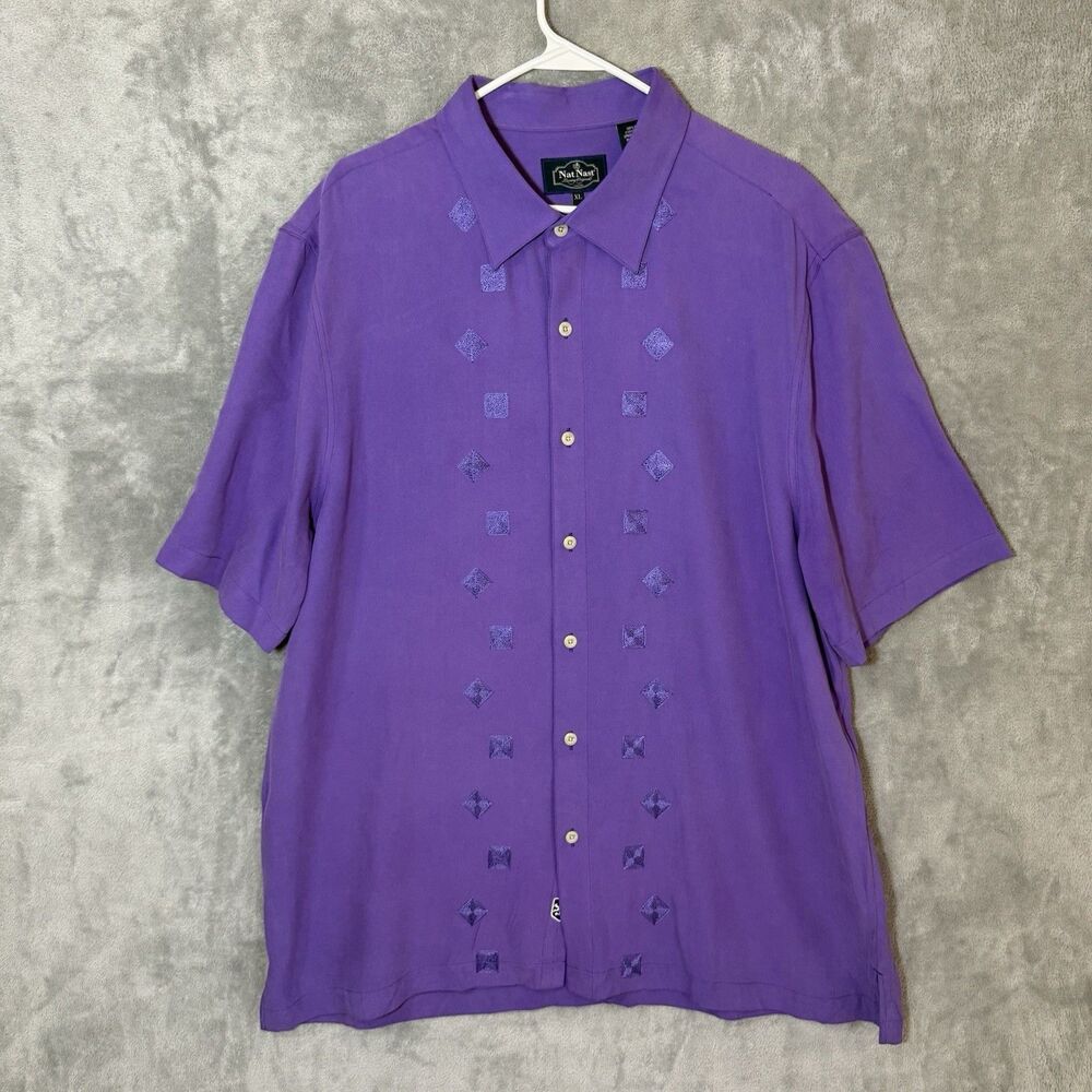 Nat Nast Shirt XL Purple 100% Silk Short Sleeve American 50's Style Embroidered
